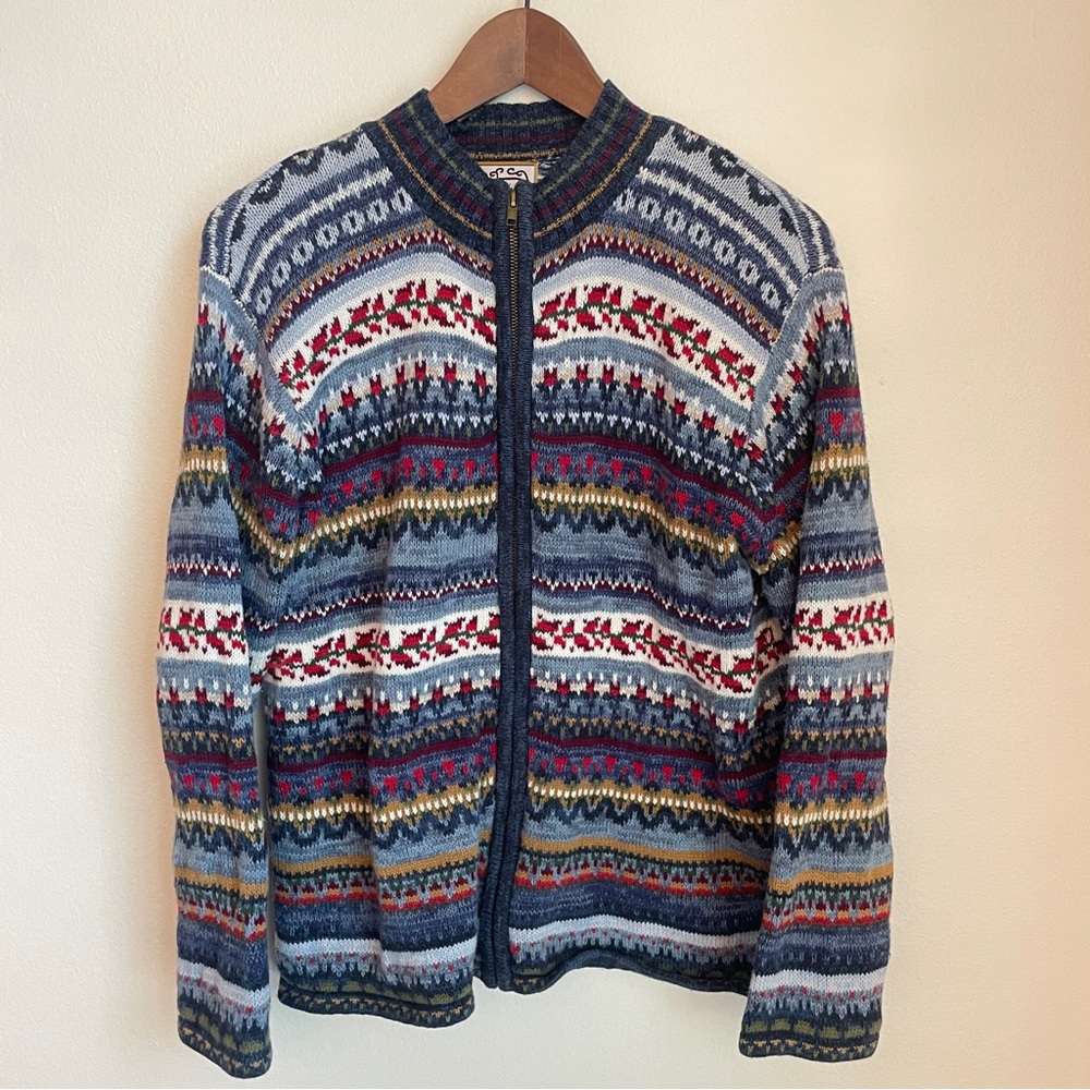 Vintage Floral Knit Cardigan Sweater Medium Zip Up Grandma Cottagecore Whimsy